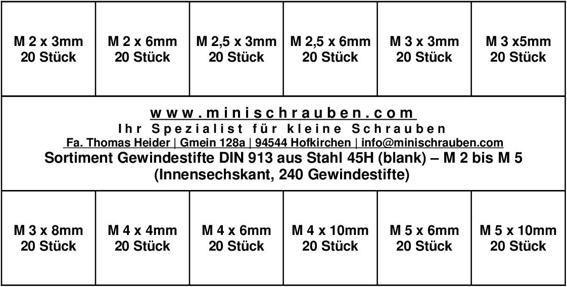 Sortiment mit Gewindestiften DIN 913 (Stahl 45H schwarz, Innensechskant, 240 Gewindestifte)