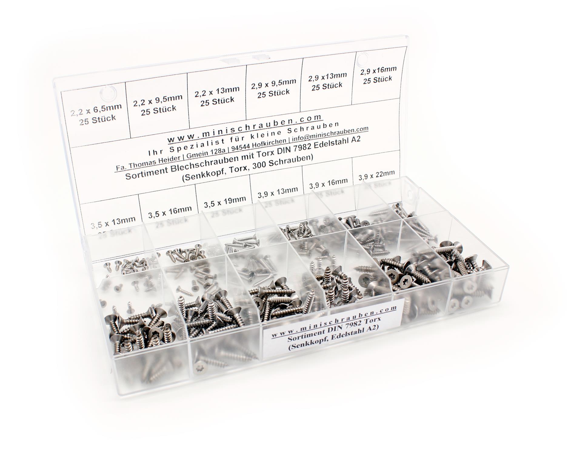 Sortiment Senk-Blechschrauben mit TX DIN 7982 Edelstahl A2 (300 Schrauben)