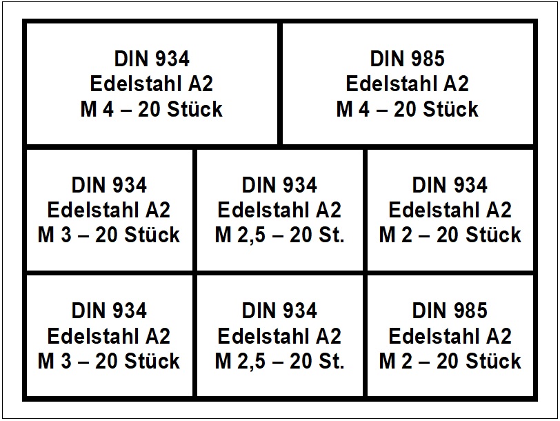 Sortiment mit Muttern und Sicherungsmuttern von M 2 bis M 4 aus Edelstahl A2 (160 Stück) Sortiment mit Muttern und Sicherungsmuttern von M 2 bis M 4 aus Edelstahl A2 (160 Stück)