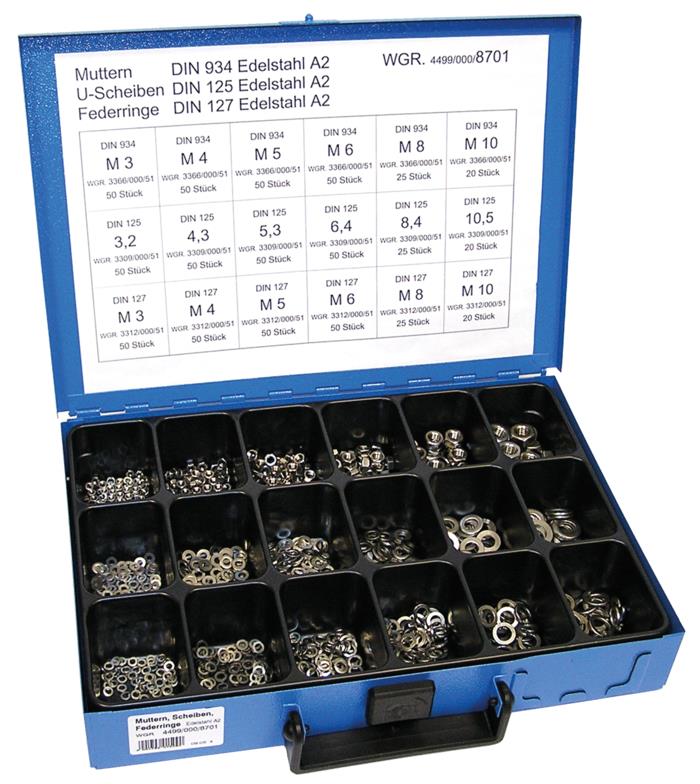 Sortiment mit Muttern, Scheiben und Federringen - Edelstahl - M 3 bis M10 - 735 Teile