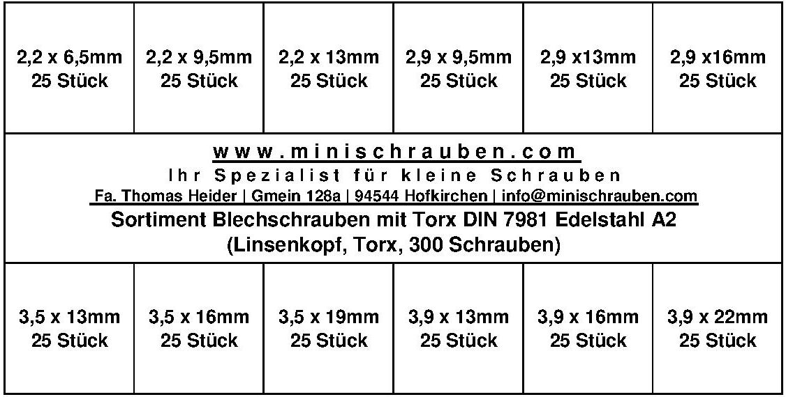 Sortiment Linsen-Blechschrauben mit TX DIN 7981 Edelstahl A2 (300 Schrauben)