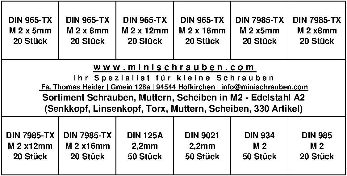 M2 - Sortiment  mit TX-Schrauben, Muttern und Scheiben in Edelstahl A2 (330 Teile)