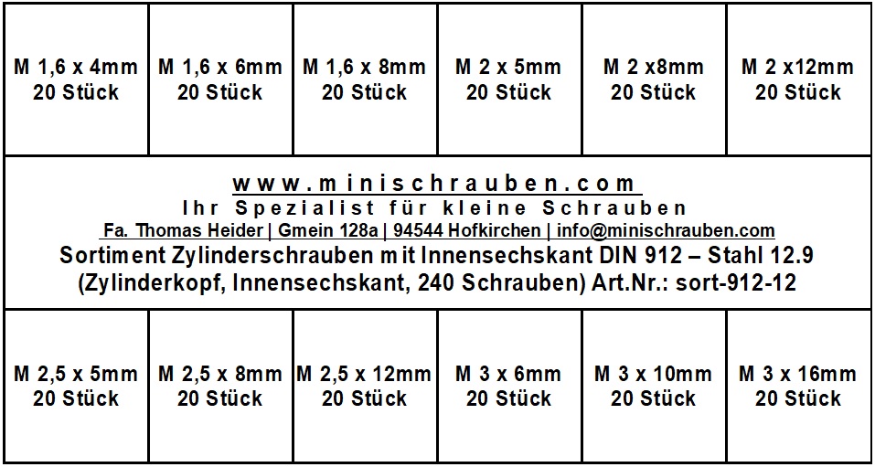 Sortiment Zylinderschrauben mit Innensechskant DIN 912 - Stahl 12.9 - (240 Schrauben)