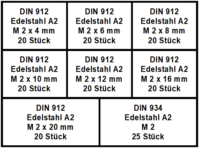 Sortiment Zylinderschrauben DIN 912  und Muttern M 2 - Edelstahl A2 (165 Stück)