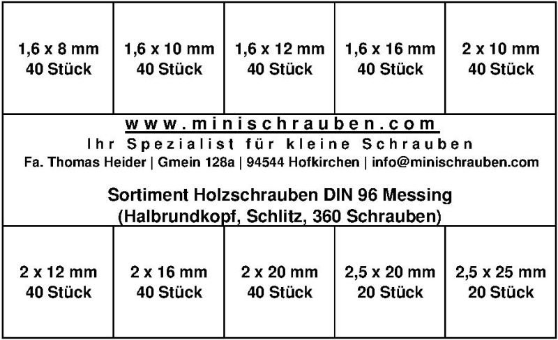 Sortiment Holzschrauben DIN 96 (Messing, Schlitz, Halbrundkopf, 360 Schrauben)