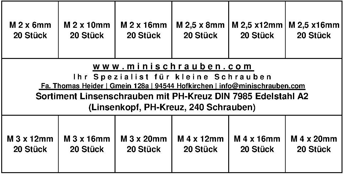 Sortiment Linsenschrauben mit PH-Kreuz DIN 7985 Edelstahl A2 (240 Schrauben)