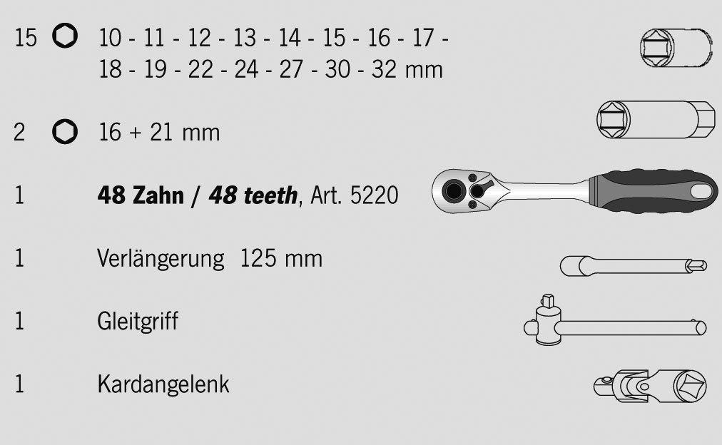 Projahn - 1/2" Steckschlüssel Satz 22tlg proficraft, 48 Zahn Knarre - 1 Stück