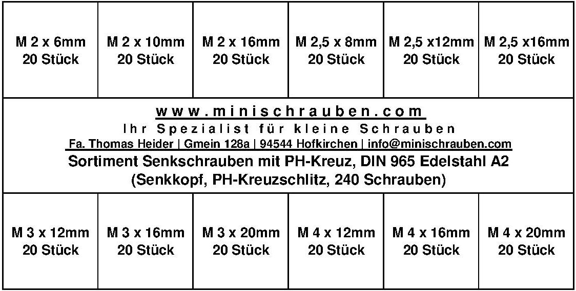 Sortiment Senkschrauben mit PH-Kreuz DIN 965 Edelstahl A2 (240 Schrauben)
