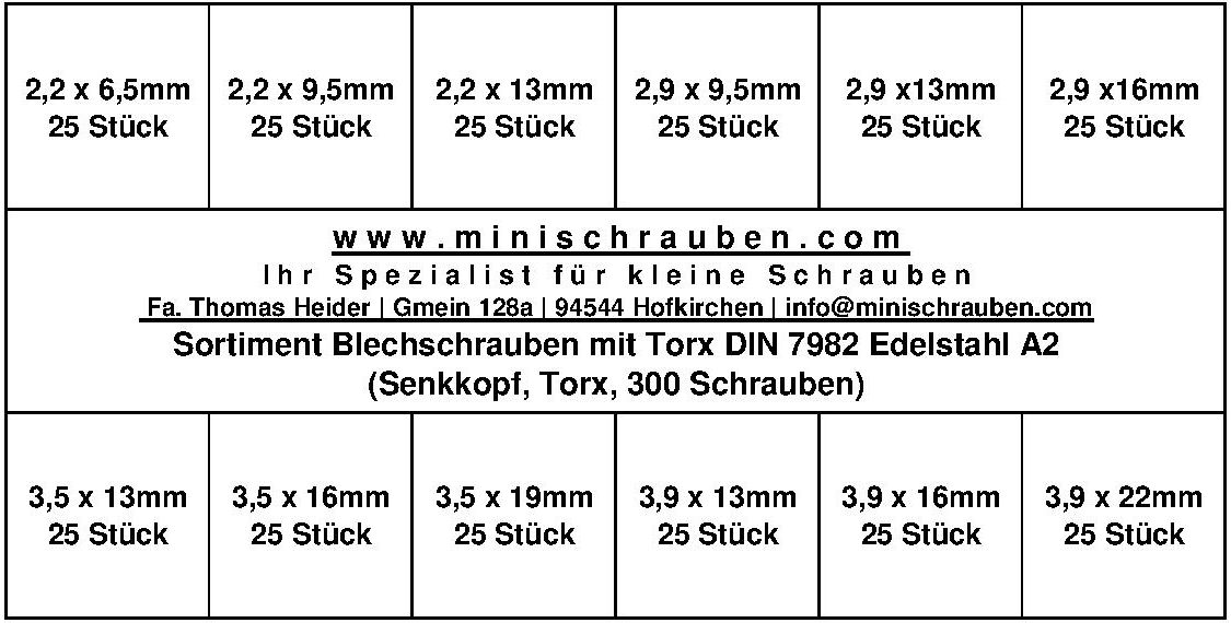 Sortiment Senk-Blechschrauben mit TX DIN 7982 Edelstahl A2 (300 Schrauben)