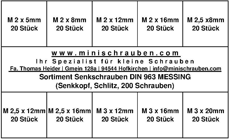 Sortiment Senkschrauben DIN 963 MESSING (200 Schrauben)