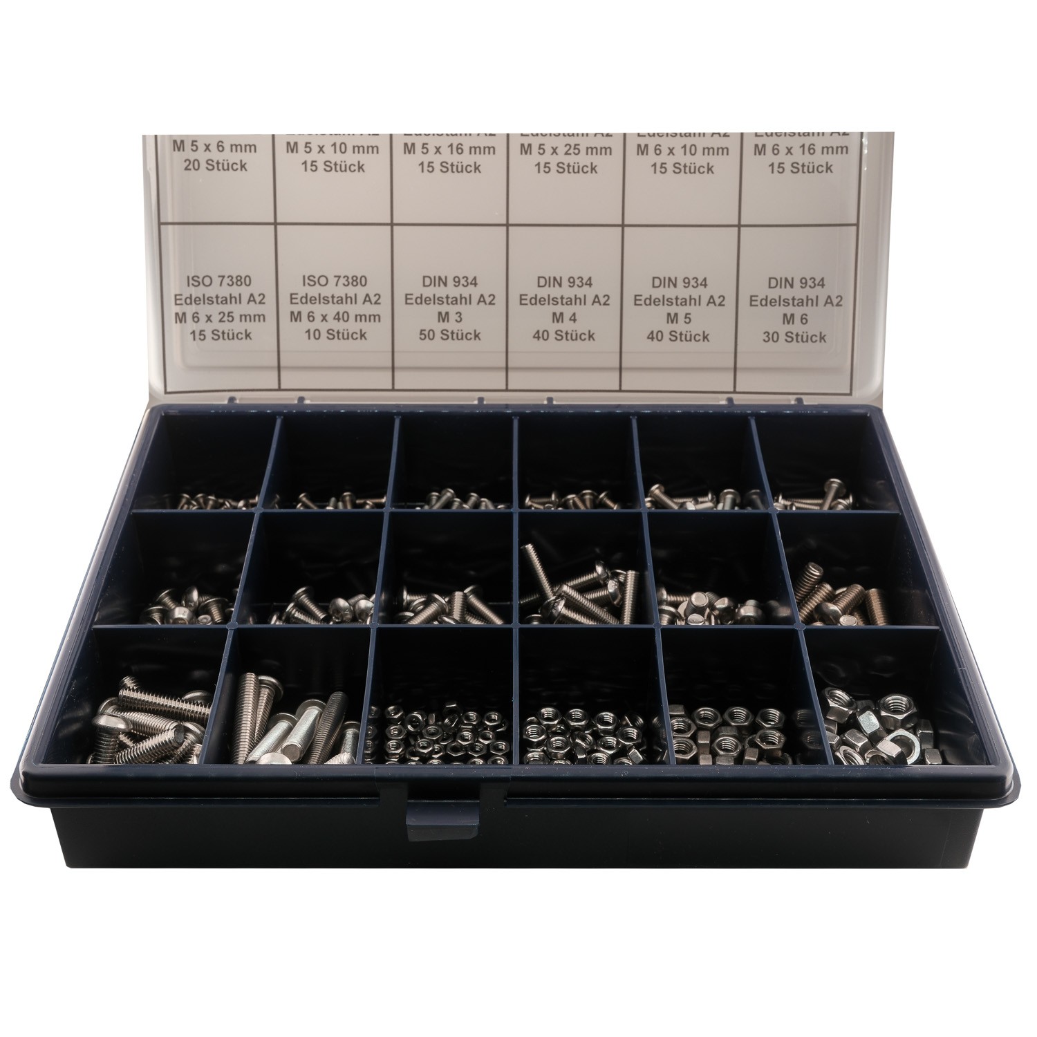Sortiment mit Schrauben ISO-7380 und Muttern DIN 934 von M 3 bis M 6 aus Edelstahl A2 (435 Teile)