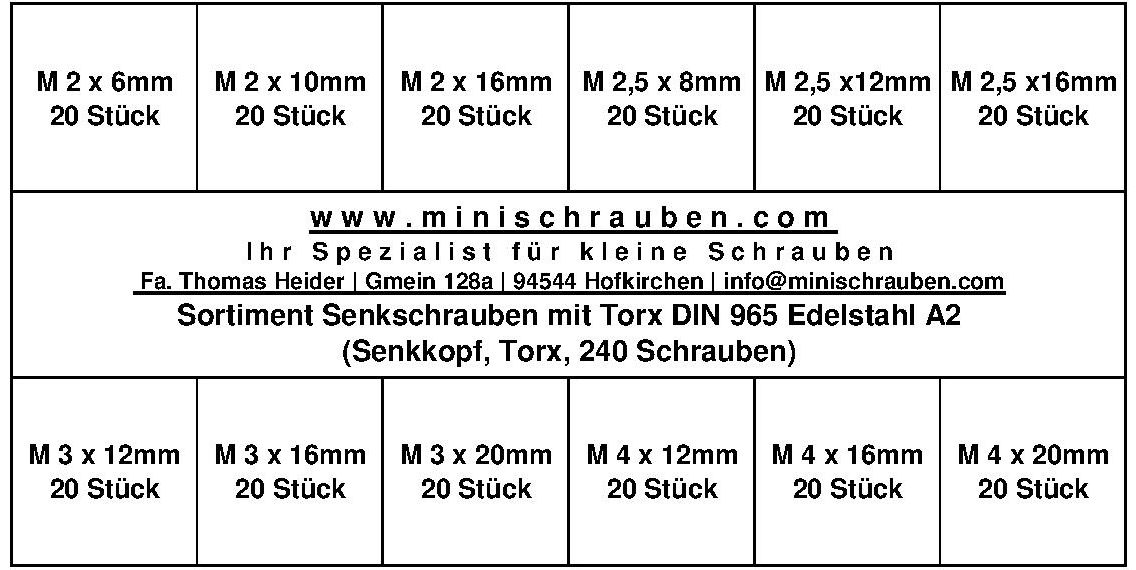 Sortiment Senkschrauben mit TX DIN 965 Edelstahl A2 (240 Schrauben)