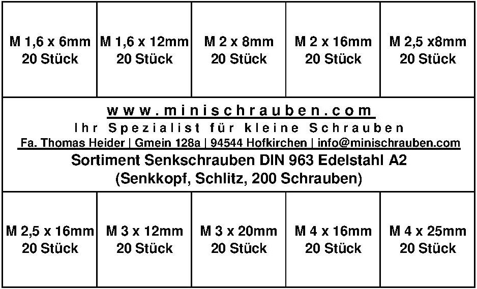 Sortiment Senkschrauben DIN 963 Edelstahl A2 (200 Schrauben ab M1,6)