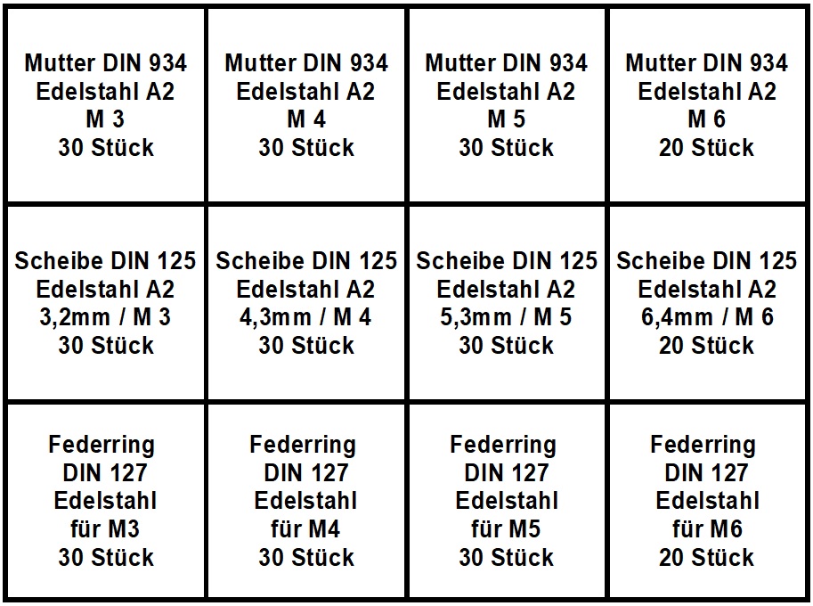 Sortiment mit Muttern, Scheiben und Federringen von M 3 bis M 6 aus Edelstahl A2 (330 Teile) Sortiment mit Muttern, Scheiben und Federringen von M 3 bis M 6 aus Edelstahl A2 (330 Teile)