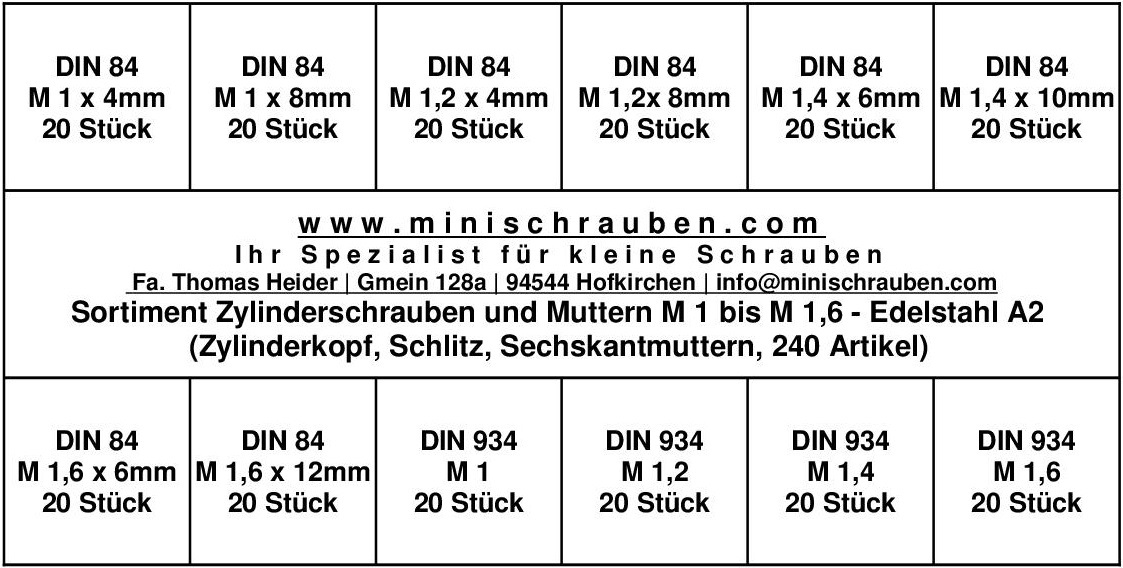 Sortiment Zylinderschrauben DIN 84 und Muttern DIN 934 Edelstahl A2 (M1 bis M1,6)