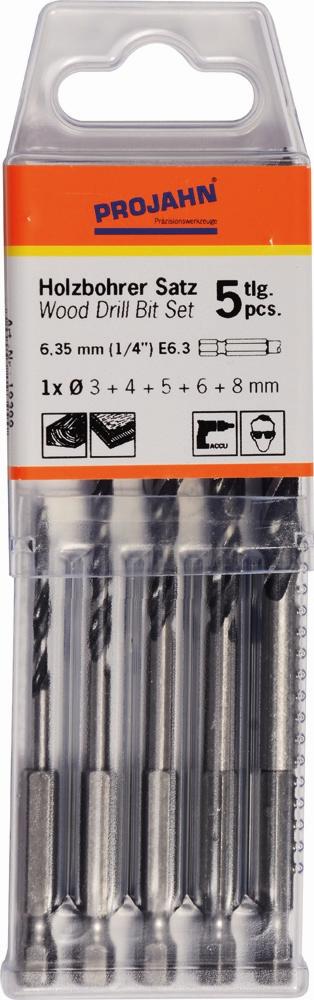 Projahn - Holzspiralbohrer Satz 6-kant Schaft E6.3  5-tlg. (3, 4, 5, 6, 8 mm) - 1 Stück