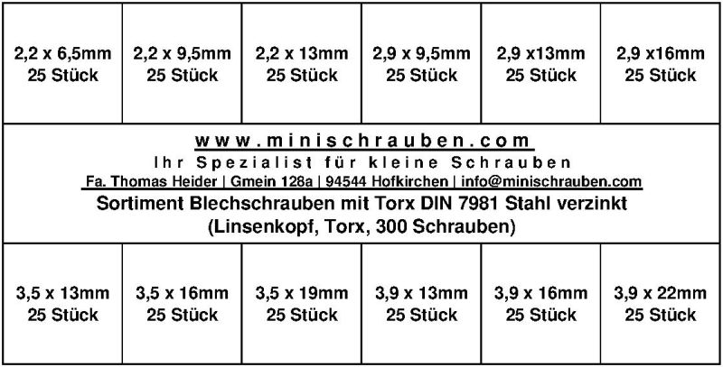 Sortiment Linsen-Blechschrauben mit TX DIN 7981 - Stahl verzinkt (300 Schrauben)