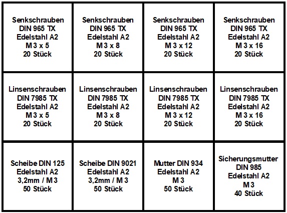 M3 - Sortiment  mit TX-Schrauben, Muttern und Scheiben in Edelstahl A2 (350 Teile)
