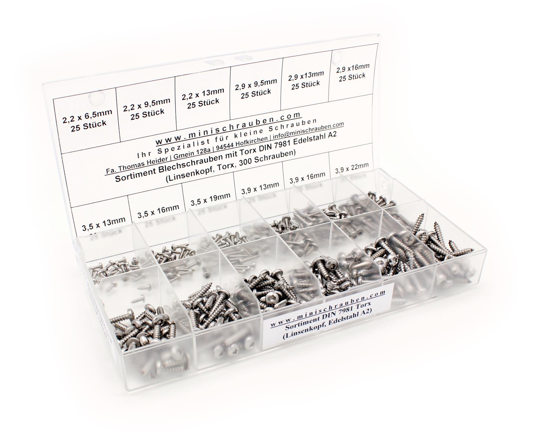 Sortiment Linsen-Blechschrauben mit TX DIN 7981 Edelstahl A2 (300 Schrauben)